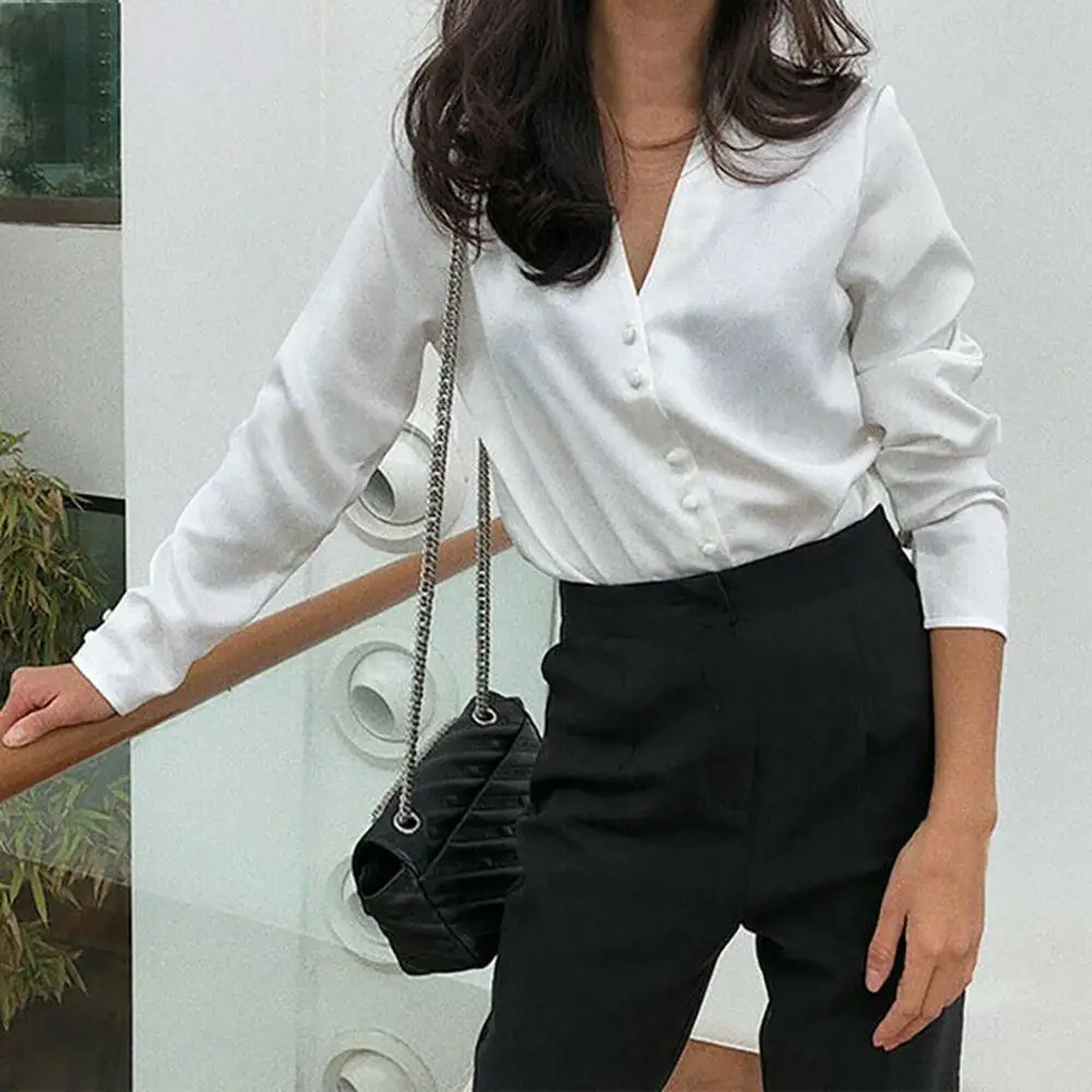 Женская шелковая блузка белая винтажная с длинным рукавом и v образным вырезом