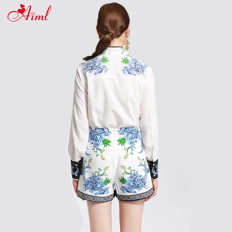 2020 Fashion Designer Summer Set Female Long sleeve Bow collar Floral Print Tops Street Leisure Button Shorts Two-Piece Suit New
