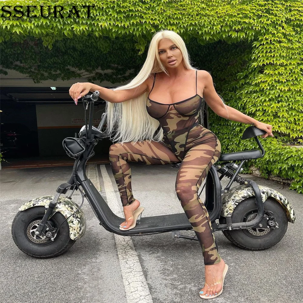 

SSEURAT Women Set Print Mesh See-through Sleeveless Strap Bodysuit Pencil Pants Two 2 Piece Sets Sexy Fashion Streetwear Summer