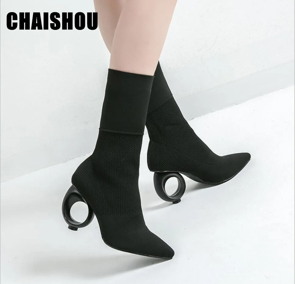 2019 осень зима Новые женские ботинки с острым носком и Вязание на высоких каблуках
