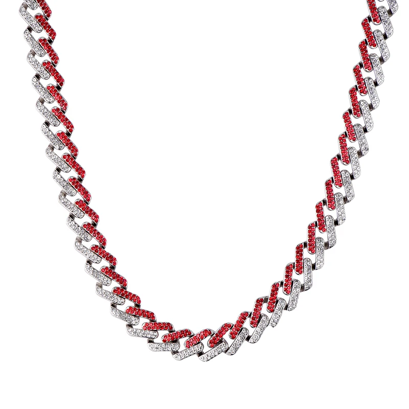 silver red necklace D&Z, 13 мм, в стиле хип-хоп, со льдом, Bling, циркониевые, в стиле Майями, кубинские звенья, ожерелья-цепочки для мужчин, модные ювелирные изделия, 1 комплект, Прямая поставка - Окраска металла: silver red necklace