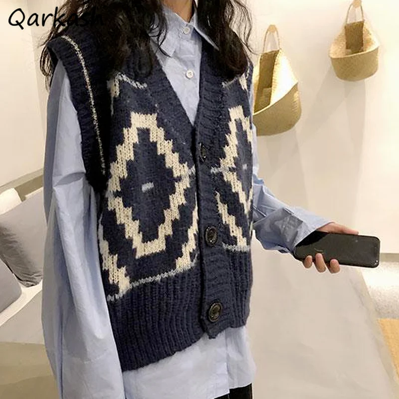 

Sweater Vests Women V-neck Retro Single Breasted Unisex Ulzzang Knitted Popular Sleeveless Female Mujer Ropa New Arrival Button