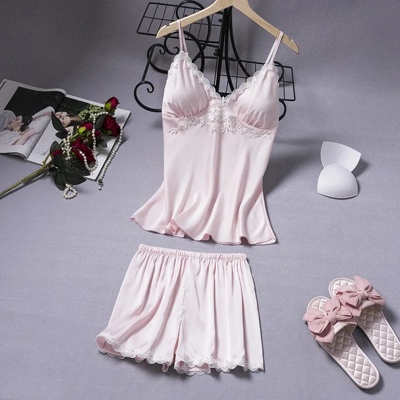 

Sleepwear Sexy Women Pajamas Set 2PCS Strap Top&Shorts Satin Nightwear Pyjamas Summer New PJS Lounge Wear Soft Home Clothes