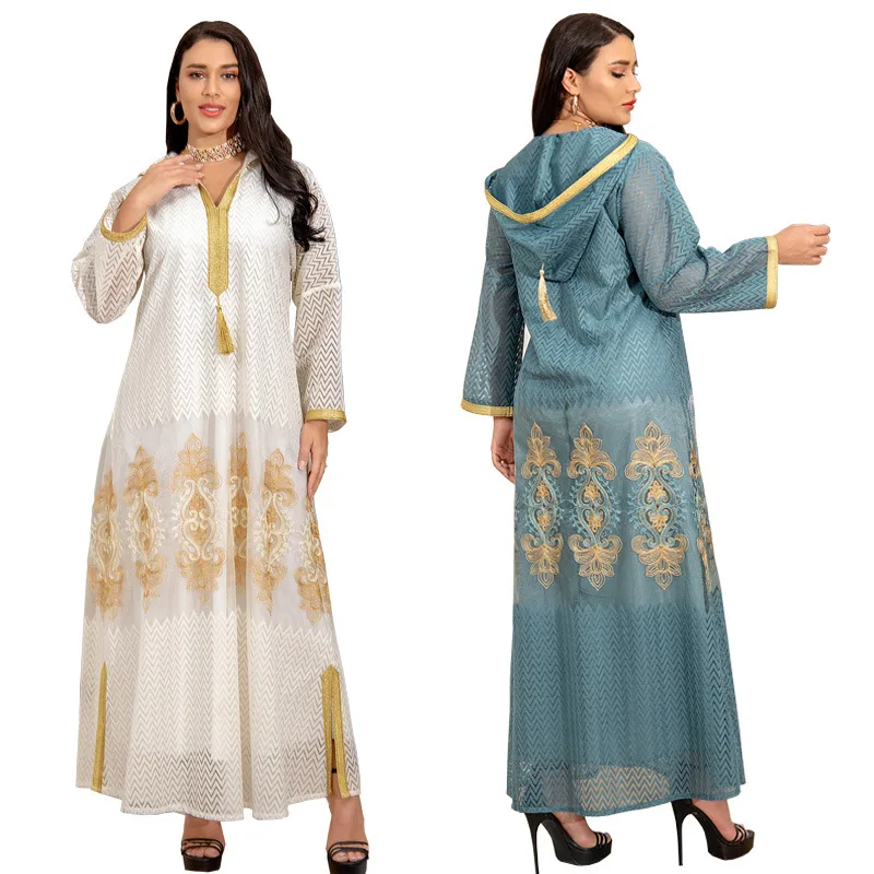 Middle East Dubai Turkey Muslim Dress 2021 Summer New Women's Bohemian Wind Gold Wire Embroidered Hooded Yarn Long-Sleeved Robe