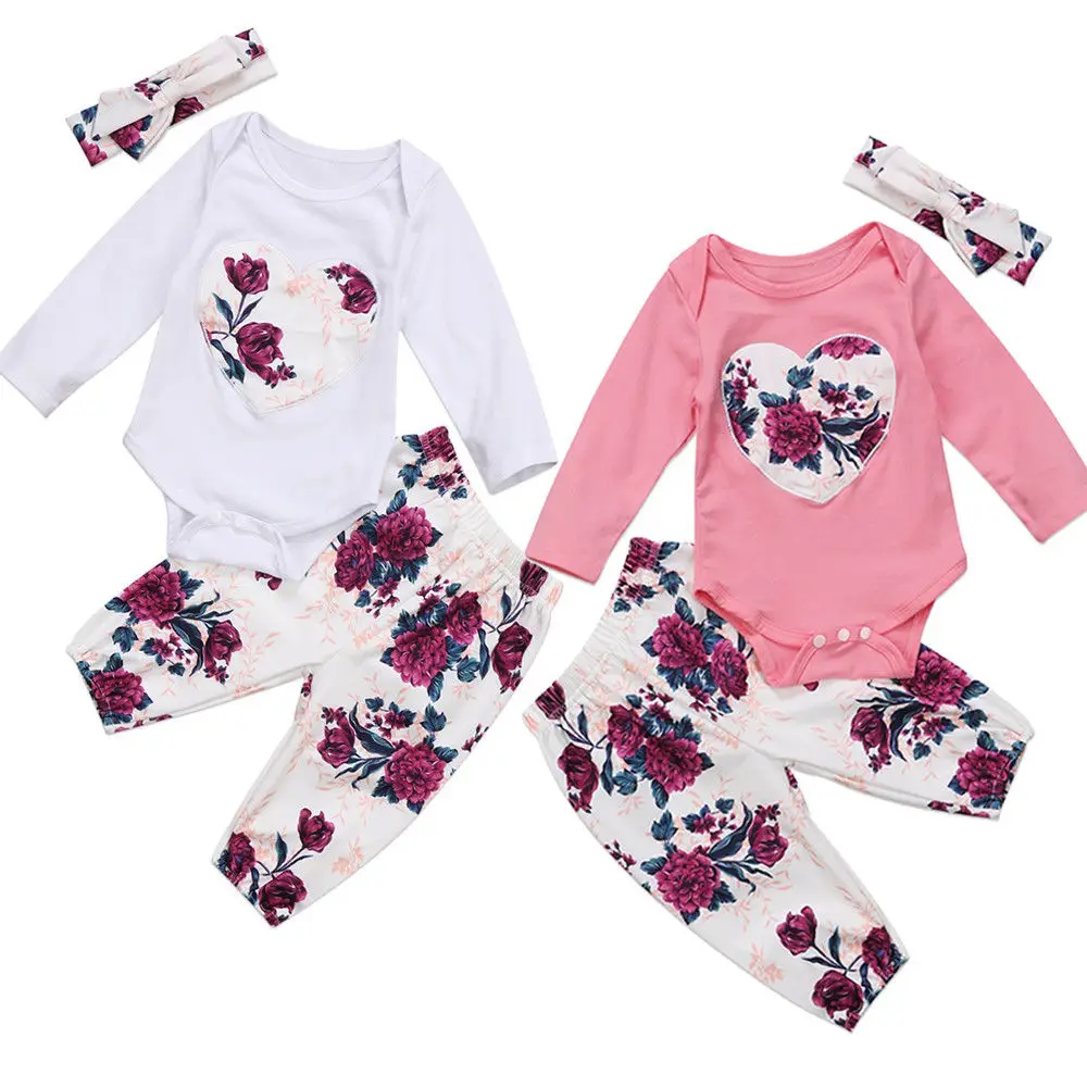 

Newborn Baby Girl Floral Clothes Cotton Bodysuit+Pants+Headband Clothes Outfit Set 0-24M
