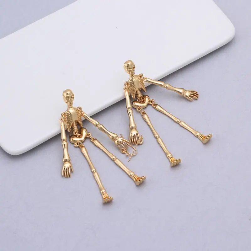 

Punk Gold Skeleton Bones Gothic Moving Part Spooky Drop Earrings Fashion Jewelry E56A