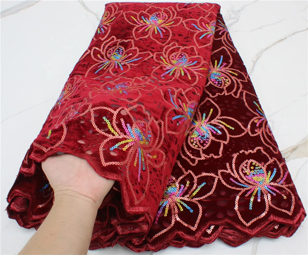 

PGC African Velvet Lace Fabric With Sequins Embroidery 2021 High Quality French Lace Material For Nigeria Wedding YA4303B-6