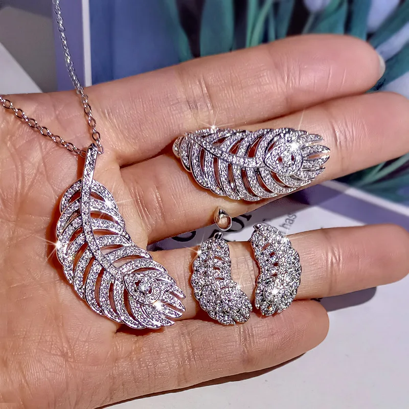 

2021 new fashion 3pcs/set Lady Jewelry Sets Exquisite Feathers Necklace Earring Ring for Women Engagement Sets Jewelry