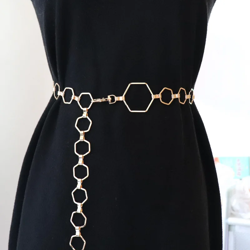 

2021 New Metal Hexagon Belt for Women Dress Waist Gold Chain Belt Female High Quality Luxury Designer Belt Casual Decoration