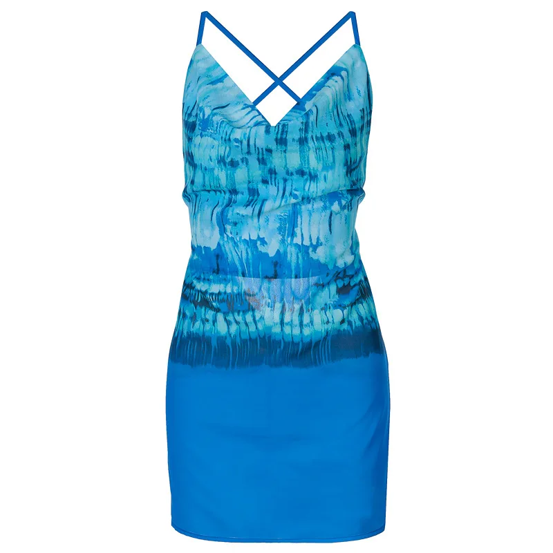 

2021 Summer Print Street Dress Women Halter Strap Hip Bodycon Dresses Sexy Club Backless Tie Mini Dress Blue Vestidos Mujer