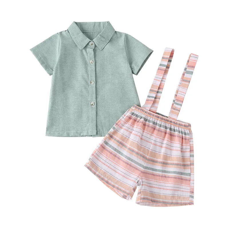 

2021 Summer Children Sets Casual Short Sleeve Single Breasted Green Solid T-shirt Striped Rompers 2Pcs Girls Boys Clothes Set