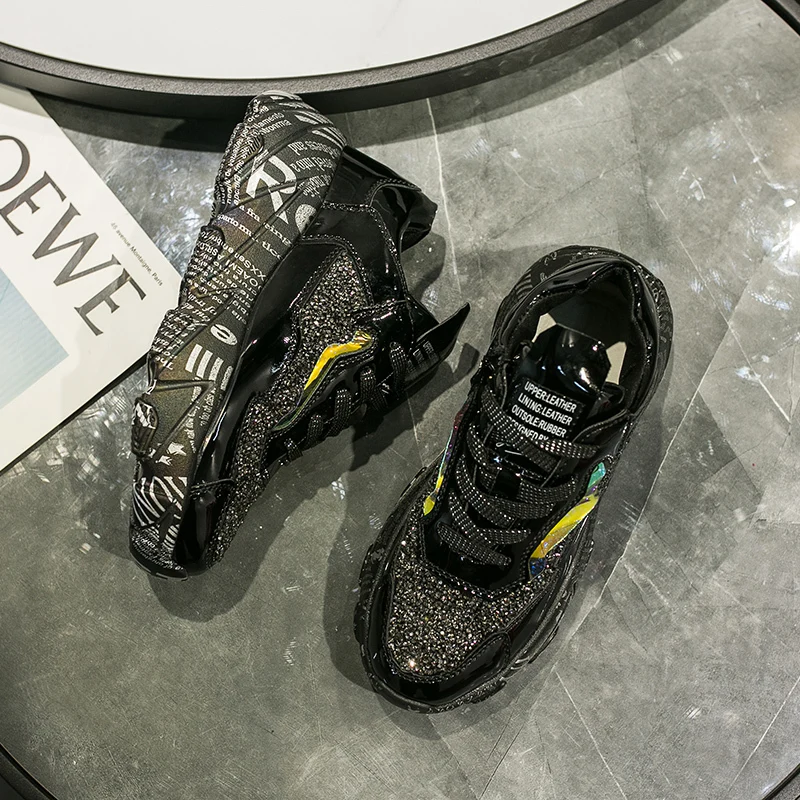 Новинка 2020 года Черные кроссовки на платформе Женская обувь толстой подошве