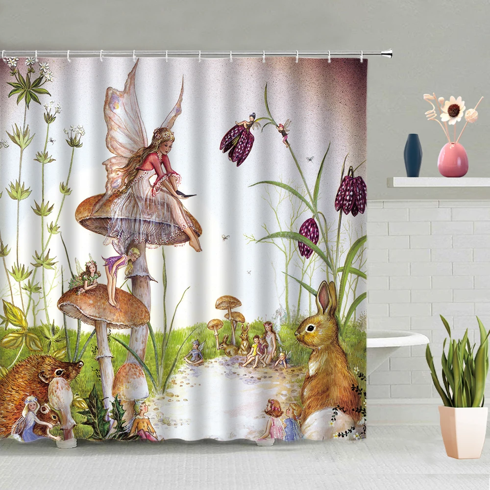 

Занавеска для душа с изображением девочки ангела, мультяшная картина маслом, милые эльфы, романтические Детские Водонепроницаемые аксессу...