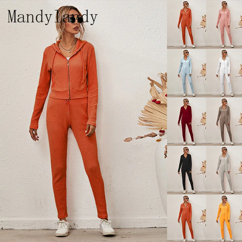 

Mandylandy Autumn Solid Color Slim-Fit Home Suit Women's Casual Lace-up Pencil Pants + Long-Sleeved Zipper Hooded Jacket Suit