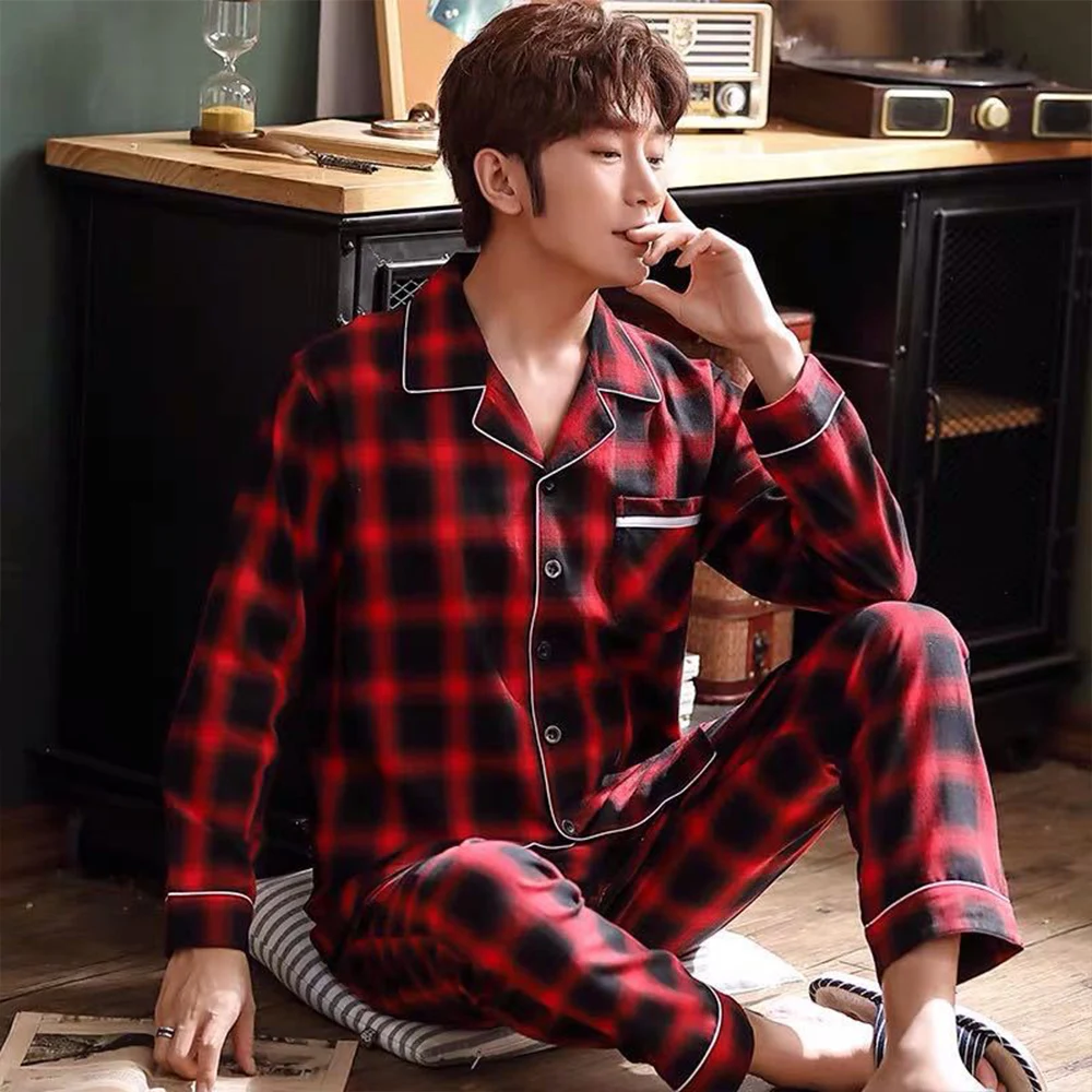 

Spring Autumn Pajama Sets Suit Knitted Cotton Casual Long Sleeve Sleepwear Plaid Home Wear Plus Size Comfortable Pajamas For Men