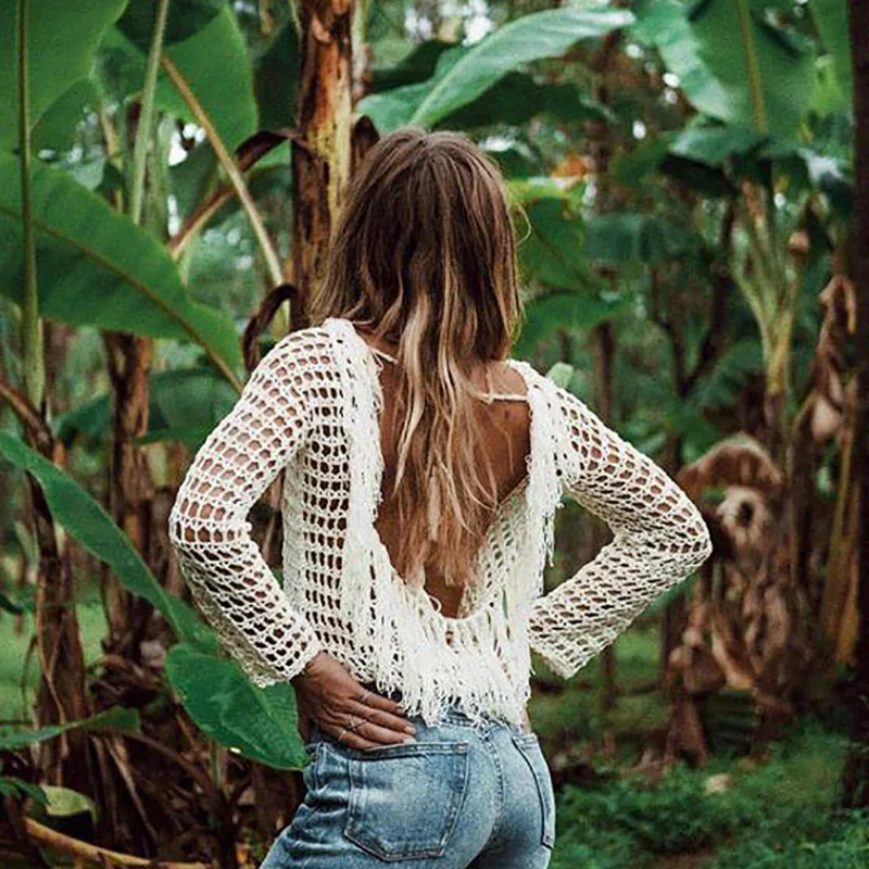 Женская Пляжная накидка Солнцезащитный цельный халат туника с бахромой