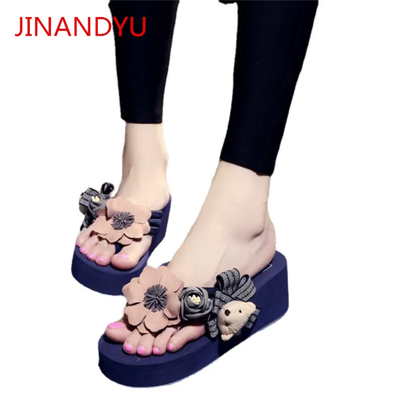

Size 42 Wedges Shoes Women Platform Flip Flops Beach Shoes Woman Lovely Flower Slippers Casuales Flip Flop High Heels Slippers
