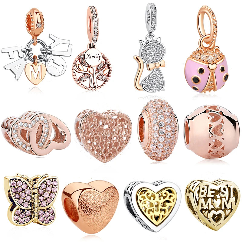 Подвески из серебра 925 пробы бусины шармы сердце семейное дерево розовое золото