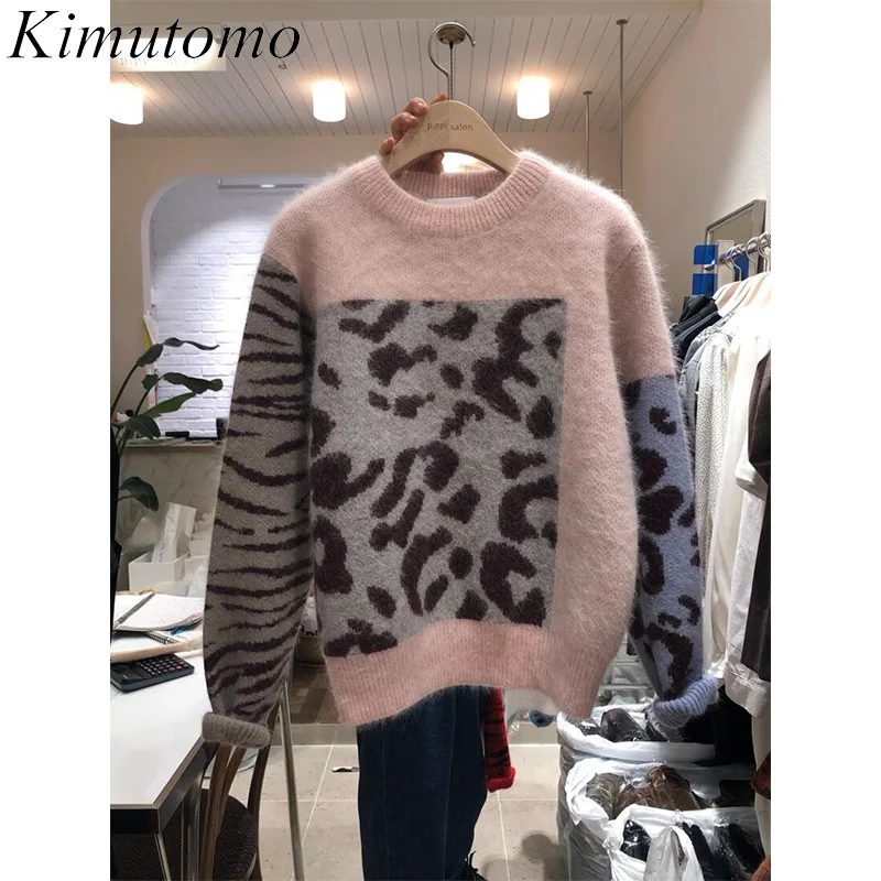 

Kimutomo Chic Leopard Pullover Women Korea Fashion Long Sleeve Color Matching O-neck Knitwear Sweater 2021 Autumn Casual