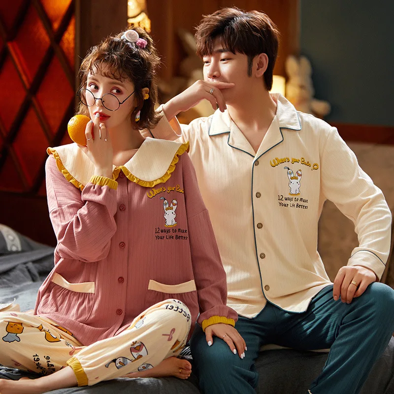 

Couple Pajamas Set Autumn Cute Cat Cardigan Pyjamas Women and Men Pajamas Long Sleeve Sleepwear Lounge Pijama Plus Size Pajama