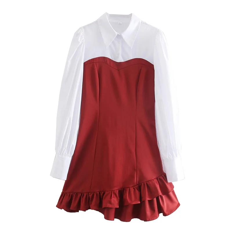 

ZXQJ Women 2020 Chic Fashion Patchwork Ruffle Irregular Mini Dress Vintage Long Sleeve Side Zipper Female Dresses Mujer