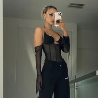 sexy mesh halter tops women autumn fashion low cut see through long sleeve t shirts bandage backless patchwork body black tops