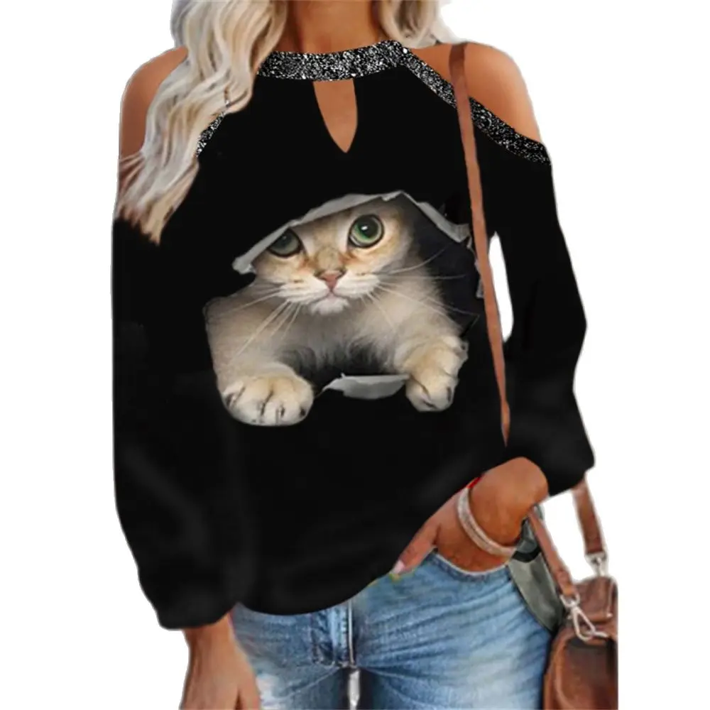 

Женский топ на пуговицах с воротником-халтером, серебристый Топ с открытыми плечами, весенне-осенний Свободный Повседневный пуловер с длинным рукавом и принтом кошки, футболка