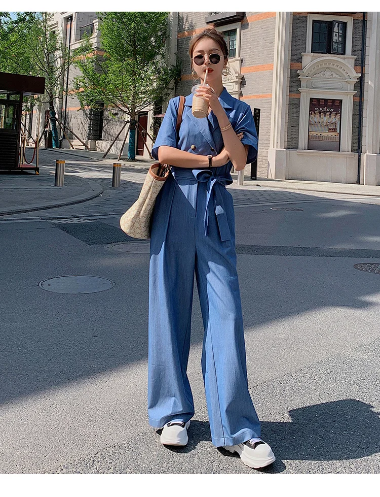 

Women Fashion Elegant Blue Suit Jumpsuit 2021 Summer Female Loose Casual Wide Leg One Piece Pants Sets Overalls One Piece Outfit