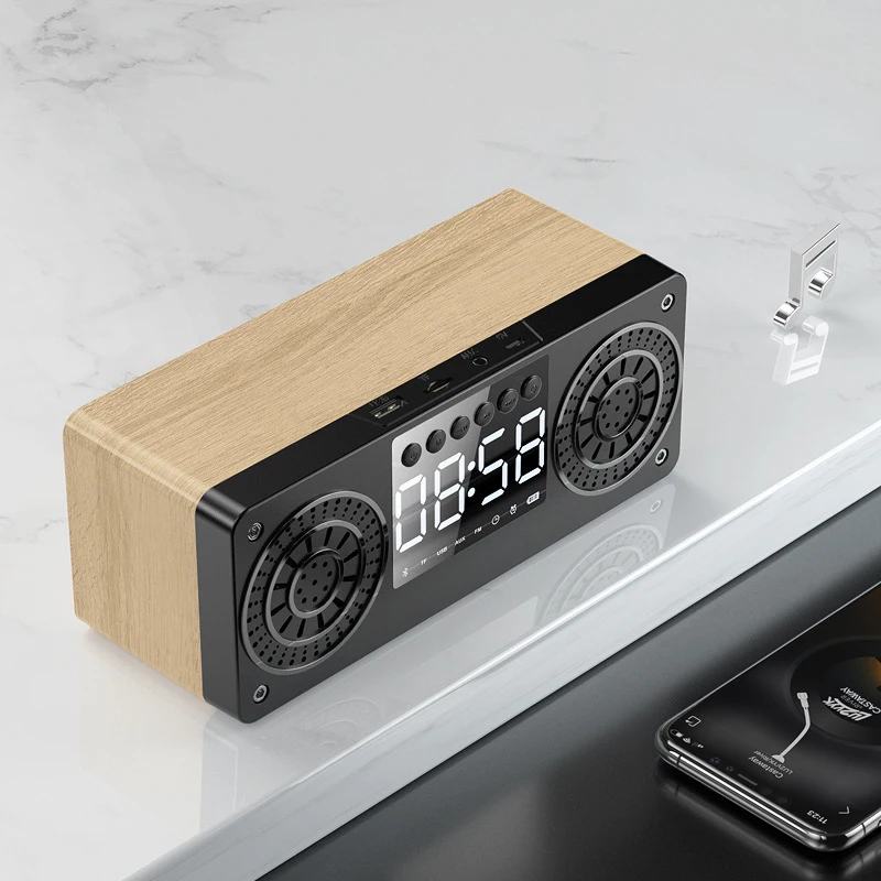 

2021New Bluetooth Wireless Speaker Portable Wooden Alarm Clock Bluetooth5.0 Bass Speakers with U Disk TF Card FM Time Display
