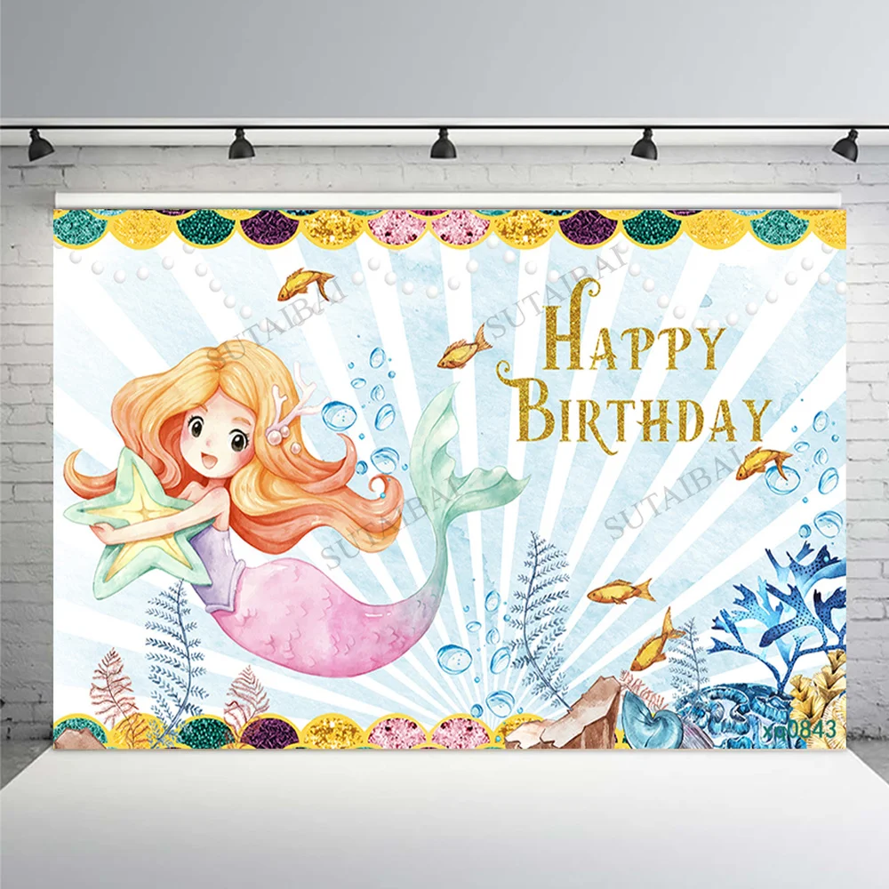 

Little Mermaid Theme Backdrop Girls Birthday Party Starfish Seahorse Seashell Coral Photography Background Photo Studio Props