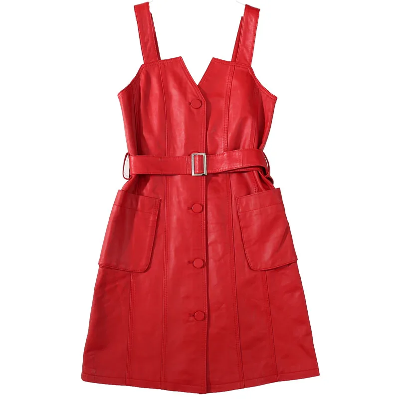 

Женское кожаное платье с завышенной талией, приталенное однобортное платье-Холтер из овечьей кожи, весна 2020