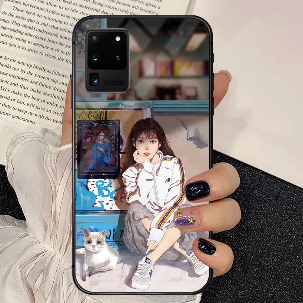 

cute IU Lee Ji Eun Phone Tempered Glass Case Cover For Samsung Galaxy S Note 5 6 9 10 10E 20 21 FE Plus Uitra Cell Pretty Black