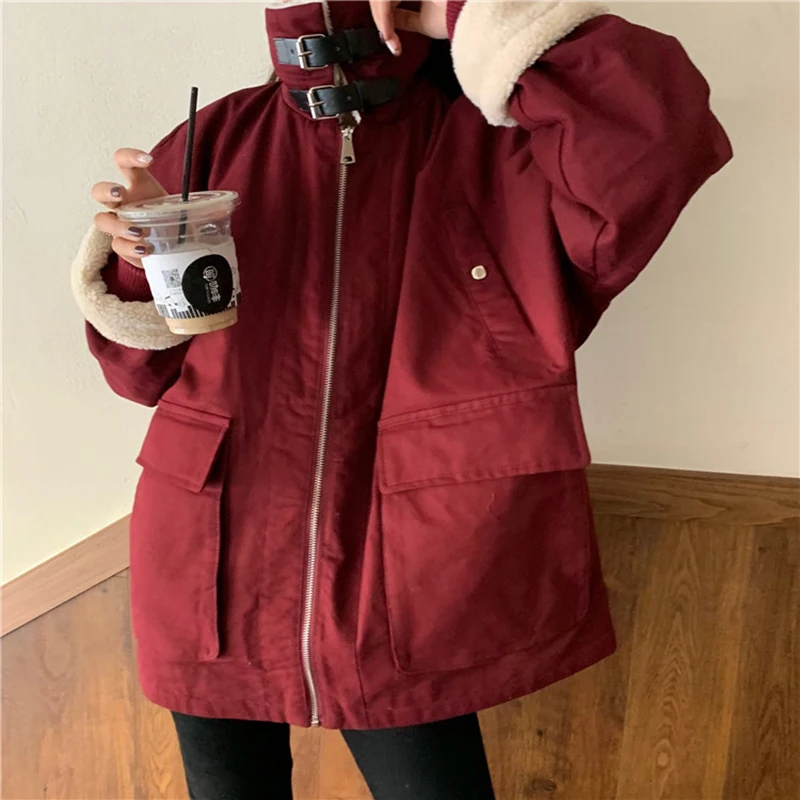 

Lucyever Winter New Turleneck Lambswool Jacket Women Red Lace-up Moto&biker Style Coat Oversize Clothing for Women 2020