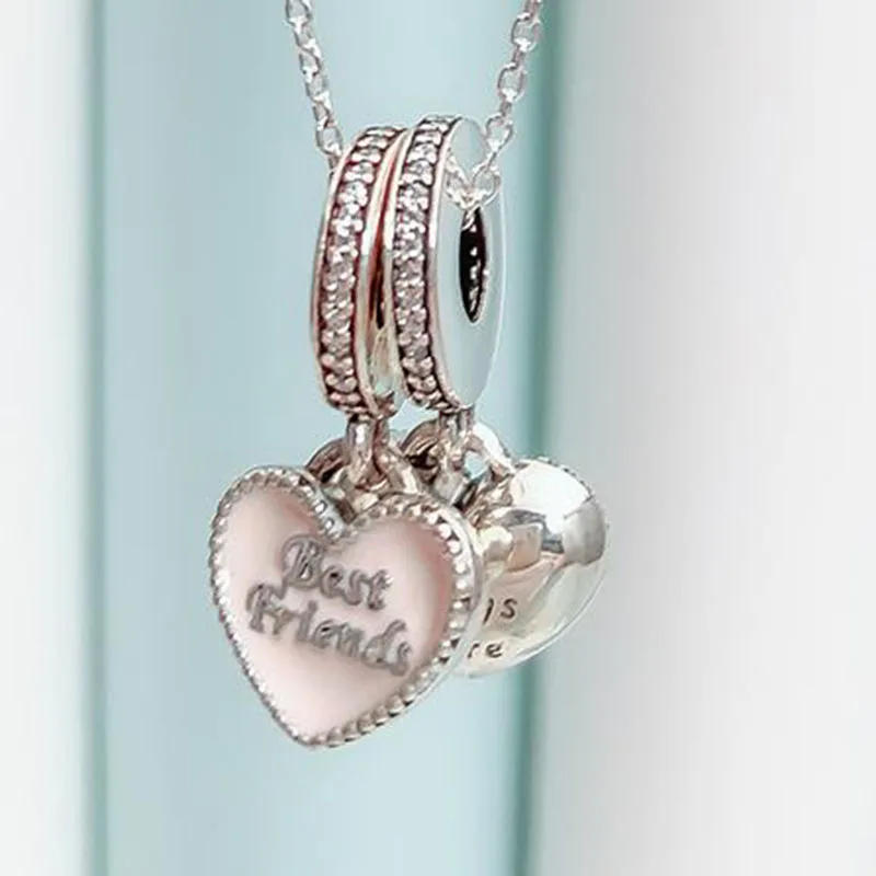 

100% 925 Sterling Silver Charm Pink Enamel Love Pendant Fit Pandora Women Bracelet & Necklace Diy Jewelry
