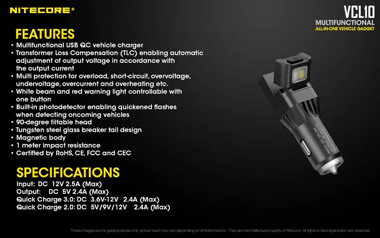 NITECORE VCL10 Многофункциональный гаджет для транспортного средства QC 3,0 Автомобильное зарядное устройство стеклянный выключатель аварийное Предупреждение освещение резервная лампа в автомобиле