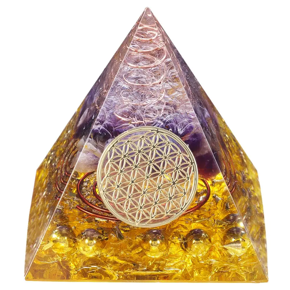 

TUMBEELLUWA Healing Crystal Gold Wire Orgonite Pyramid Energy Generator for Reiki Meditation Resin Craft Decoration Stone Orgone