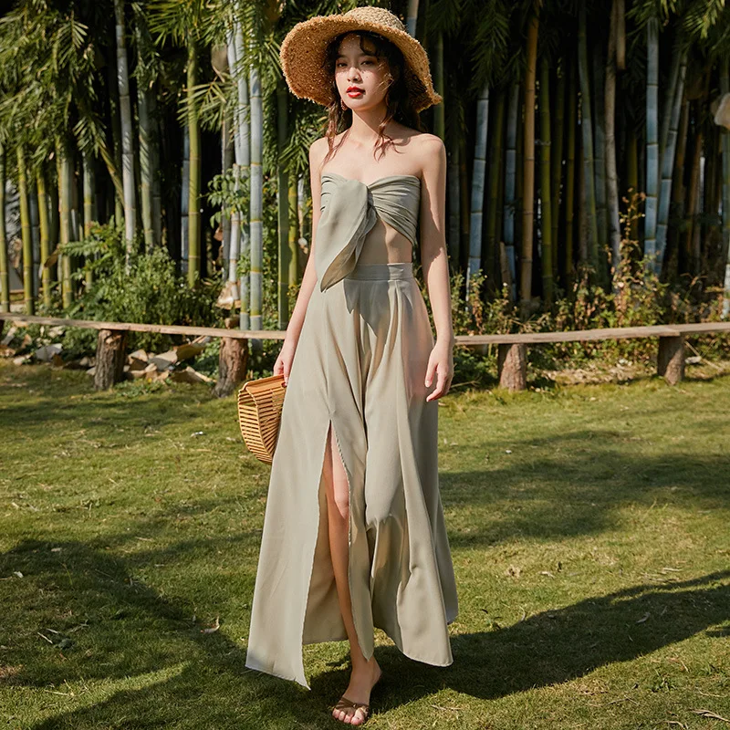

2021 holiday beach skirt ladies bikini wrap chest leaky shoulder long skirt fairy feminine sling two-piece holiday beach skirt