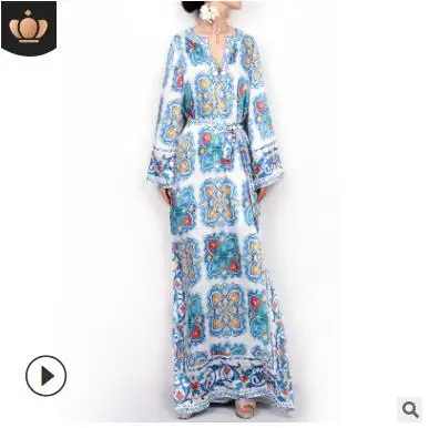 Женская мода новый рукав Национальный Тотем синий и белый фарфор печатных дерсс -