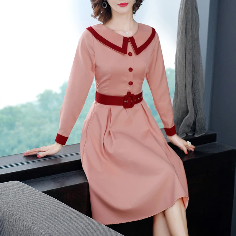 Модное Элегантное женское платье с отложным воротником и длинным рукавом тонкое