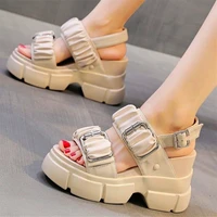 womens cow leather sandals platform wedge high heel buckle strap open toe military party pumps shoes