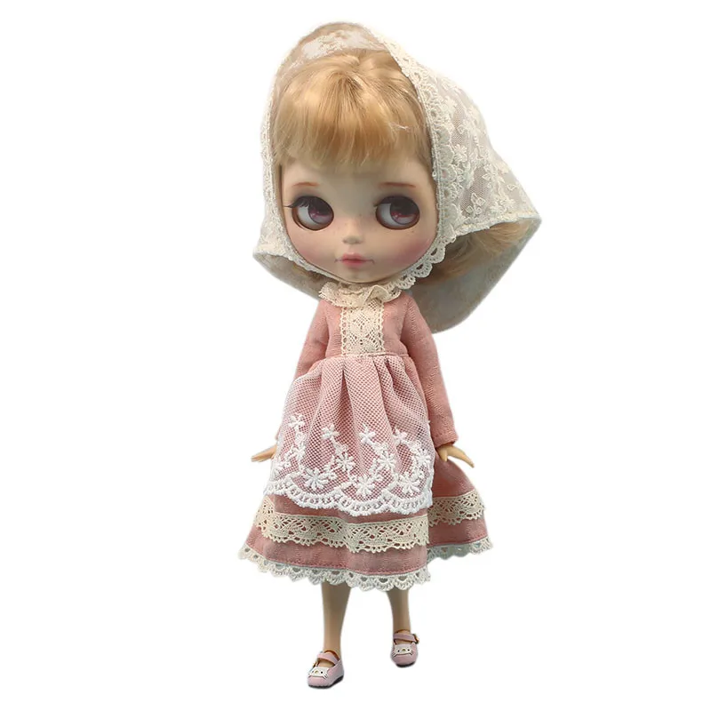 Одежда для куклы Blyth кружевное розовое платье и головной платок убор 1/6 кукла