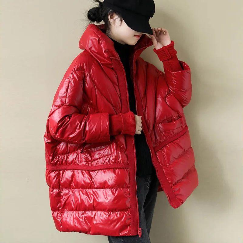 Janveny Зимний пуховик для женщин Блестящий хлеб свободный воротник стойка женские