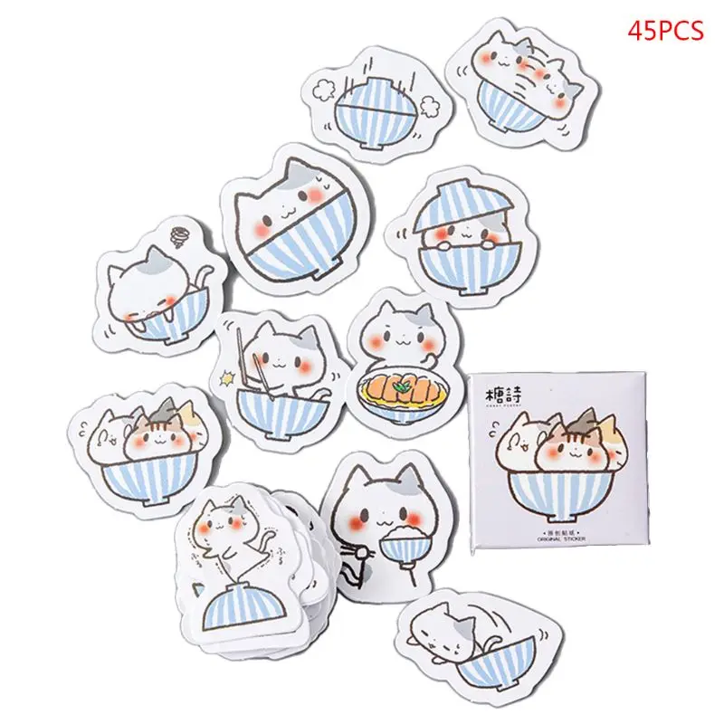 

L9NA 45pcs/box Cute Cat Stationery Stickers Sealing Label Travel Sticker DIY Scrapbooking Diary Planner Albums Decorations