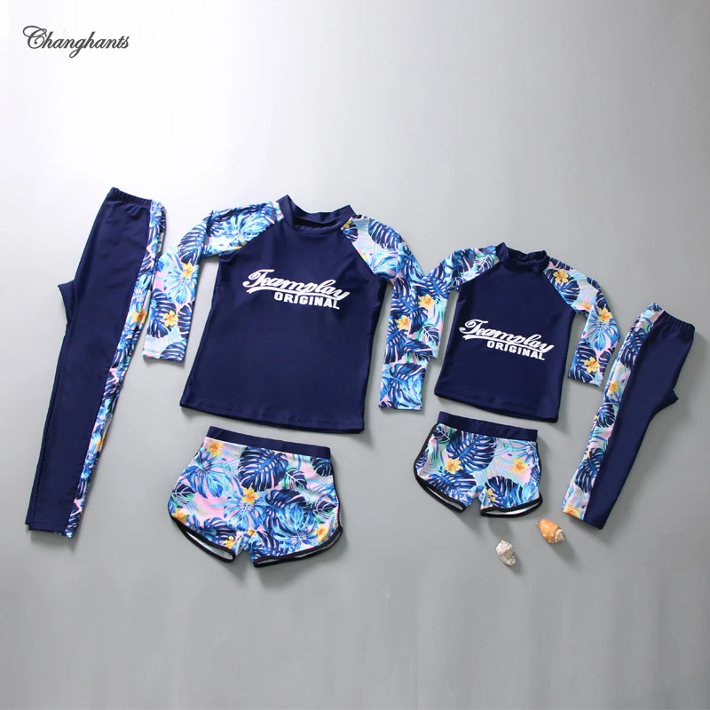

Kids Swimwear 3 Pieces Set Blue Leaves Pattern Girls Long Sleeve Surfing Suit 2-16 Y Children Rash Guard Teens 3 In 1 Swimsuit
