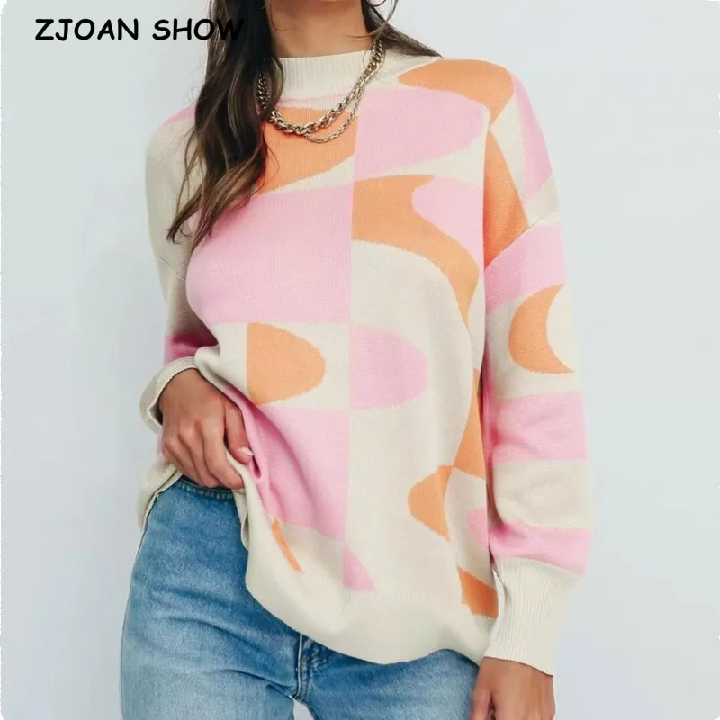 

2021 Vintage Colored Flower Knitted Long Sleeve Sweater Women Round Collar Pullovers Cropped Jumper Slim fit Knitwear