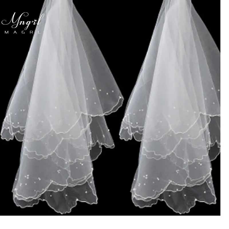 

MNGRL Wedding Accessories Bridal Veil Simple Retro Headdress Lace Pearl Veil 1.5M Double Veil Pure Color Veil