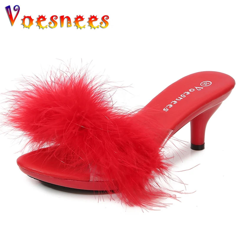 Solid Color Feather Fairy Slippers Summer Transparent Sandals Thin High Heels Sexy Fur Crystal 6cm Low Heel Derss Women Shoes