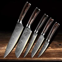 knife kitchen set laser damascus pattern 5pcs professional japanese chef 440c steel santoku utility meat furit bread knives