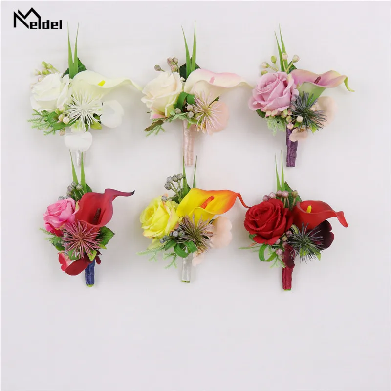 Meldel Silk Rose Calla Wedding Corsages and Groom Boutonnieres Bridesmaids Wrist Bracelets Marriage Party Prom Men Suit Flowers |