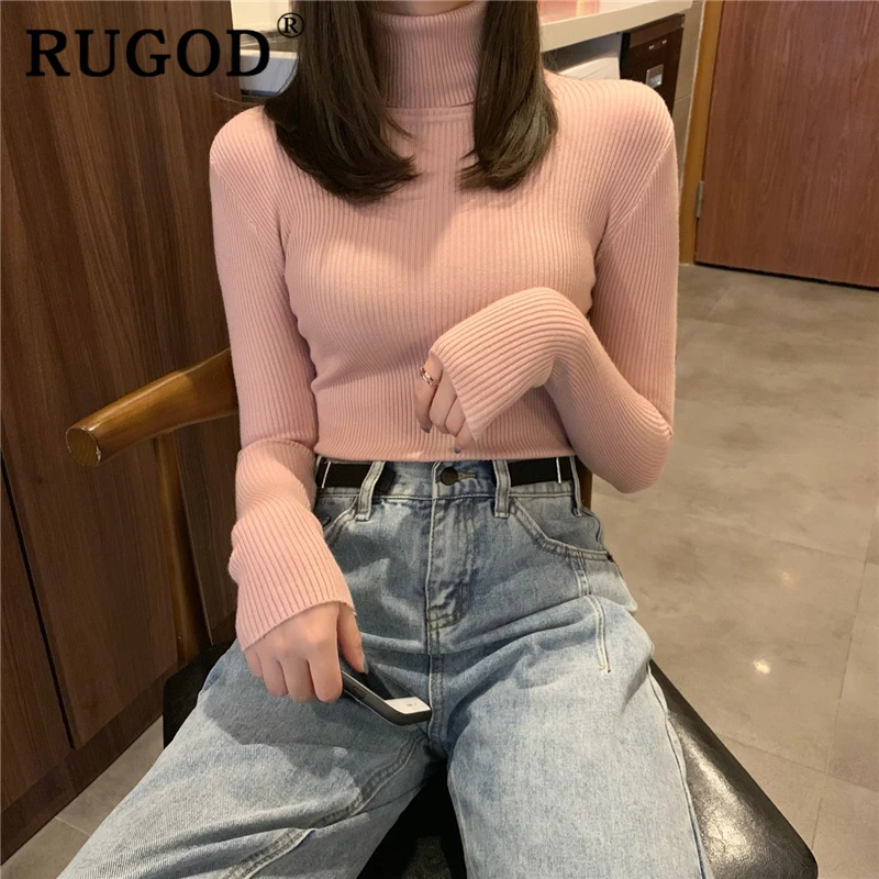RUGOD Casual Solid Basic Knitted Blouse Women Elegant Turtleneck Long Sleeve Tunic Auturm Bottoming Pullover Tops 2019 new | Женская